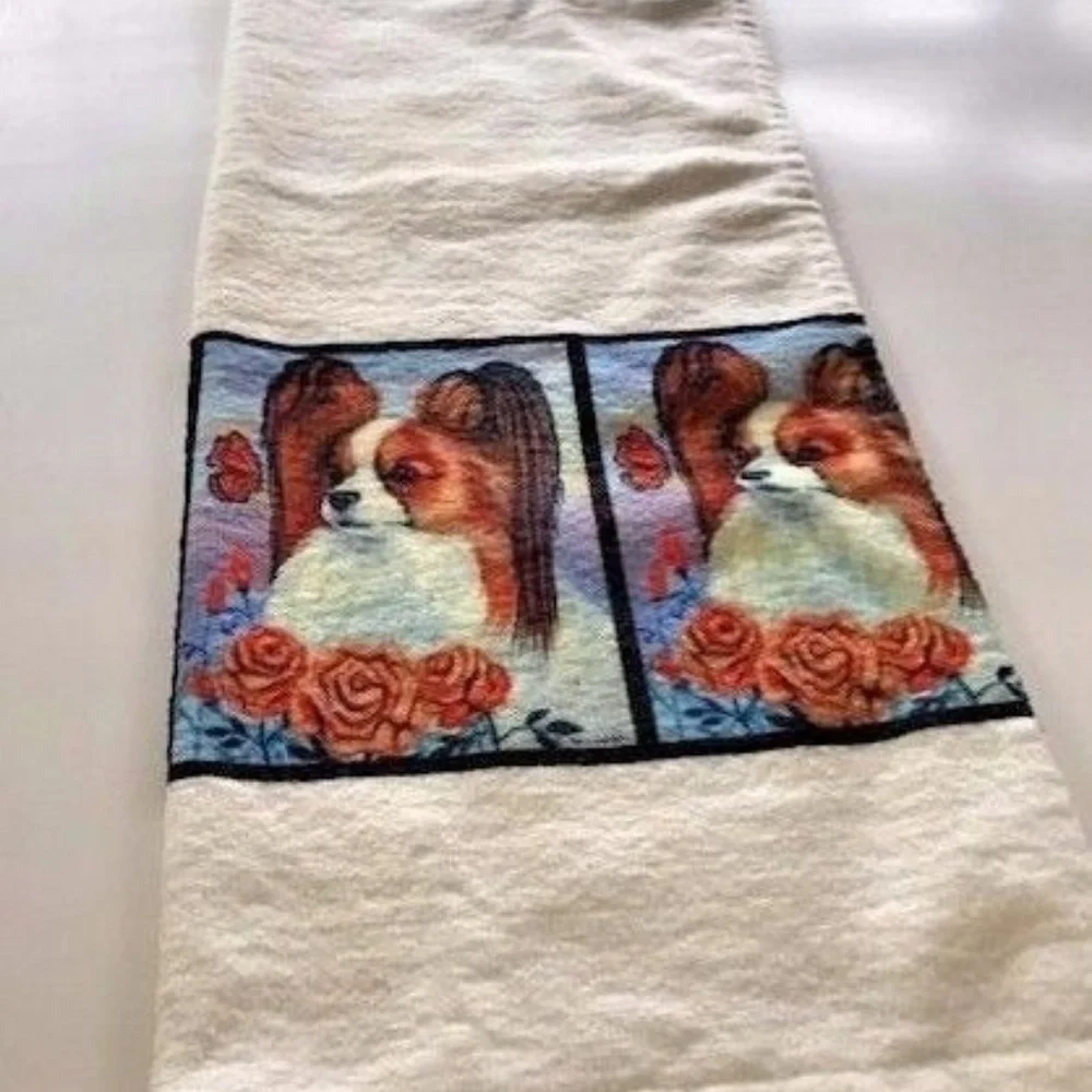 Papillon hand towel White Red Sable Dog New USA